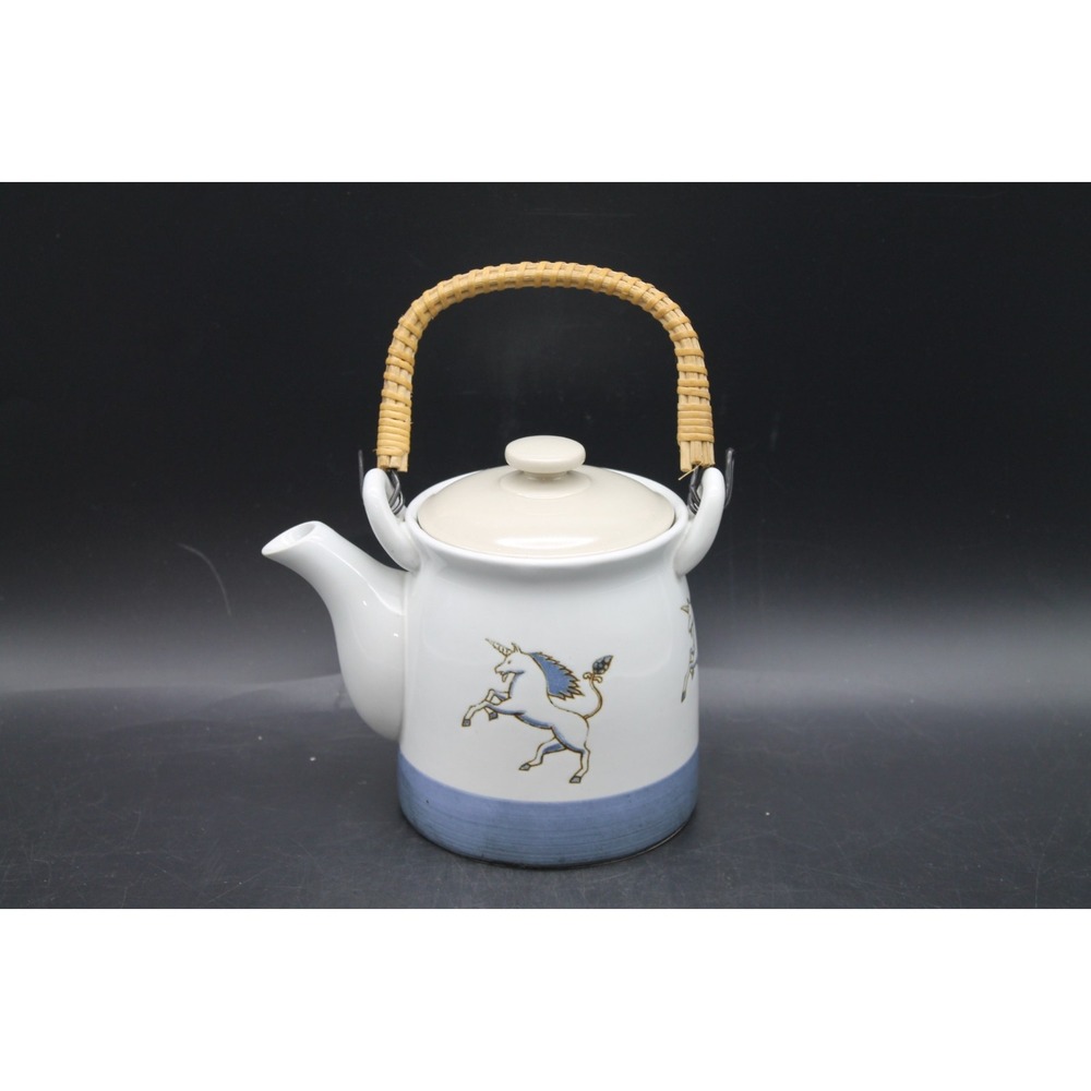 Otagiri Japan Unicorn Teapot Blue White Rattan Handle Japanese Pottery